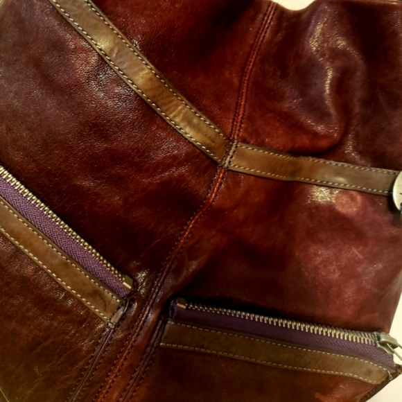 OLIVIA HARRIS-Eggplant/Gray Imp. Dist. Leather Satchel - Picture 5 of 12